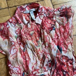 Dianne von Fürstenberg DVF silk blouse red hand embroidery, beats, sequins